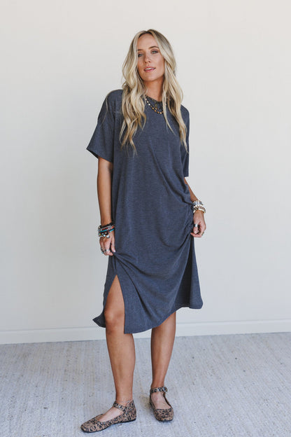 Hushed Glow Slit Midi Dress - Charcoal