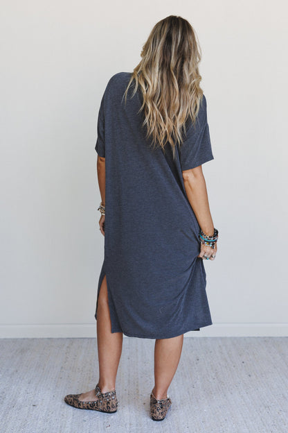 Hushed Glow Slit Midi Dress - Charcoal