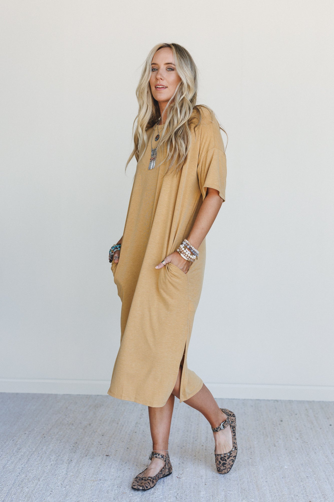 Hushed Glow Slit Midi Dress - Mustard