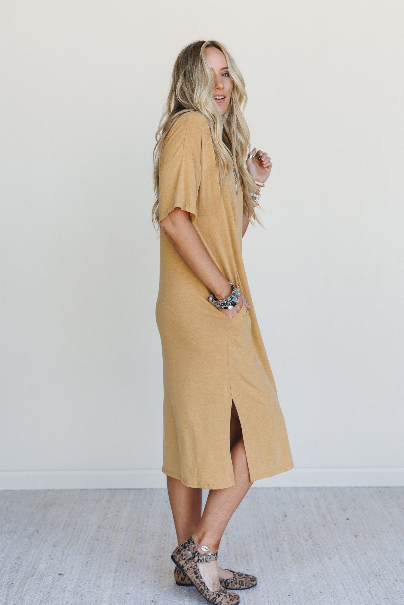 Hushed Glow Slit Midi Dress - Mustard
