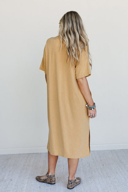 Hushed Glow Slit Midi Dress - Mustard