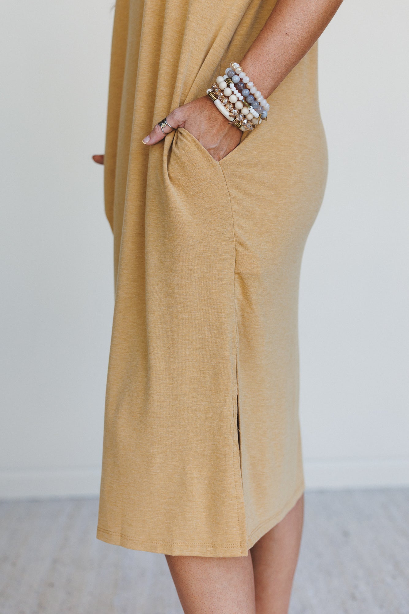 Hushed Glow Slit Midi Dress - Mustard