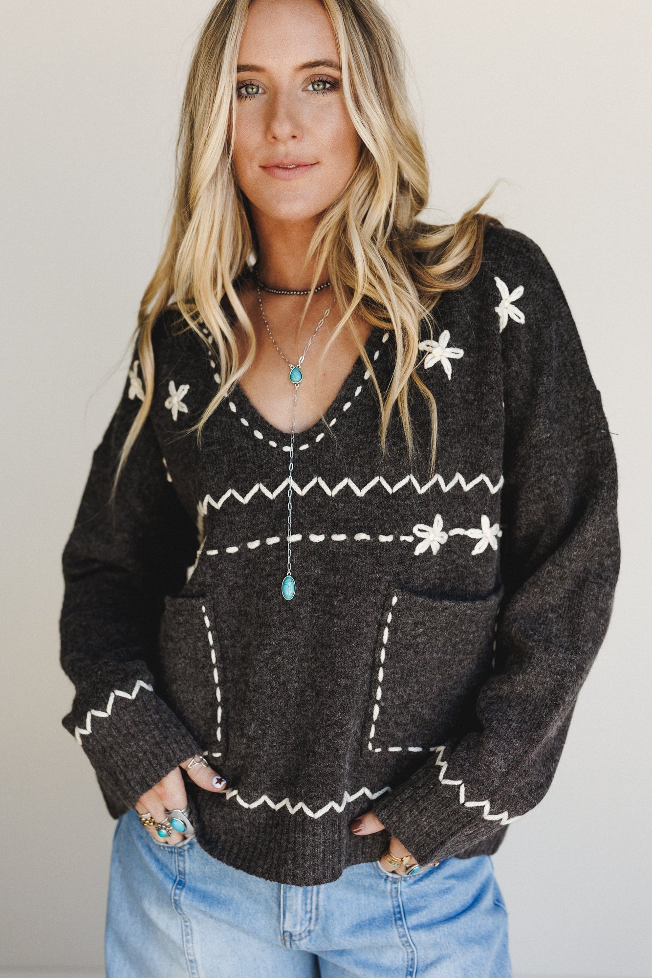 Chai Embroidered Knit Sweater - Charcoal