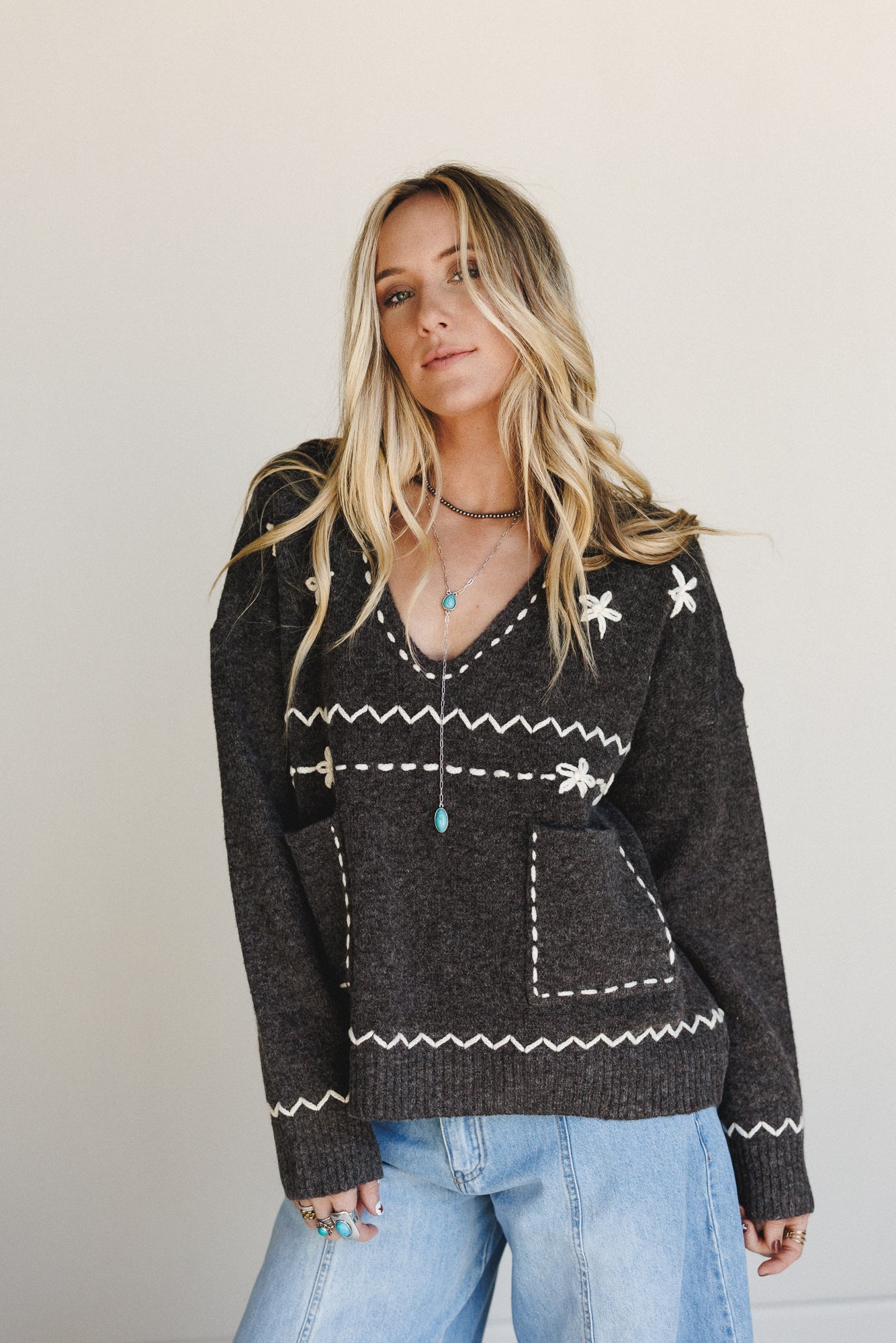 Chai Embroidered Knit Sweater - Charcoal