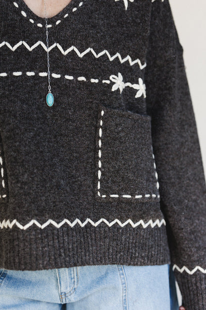 Chai Embroidered Knit Sweater - Charcoal