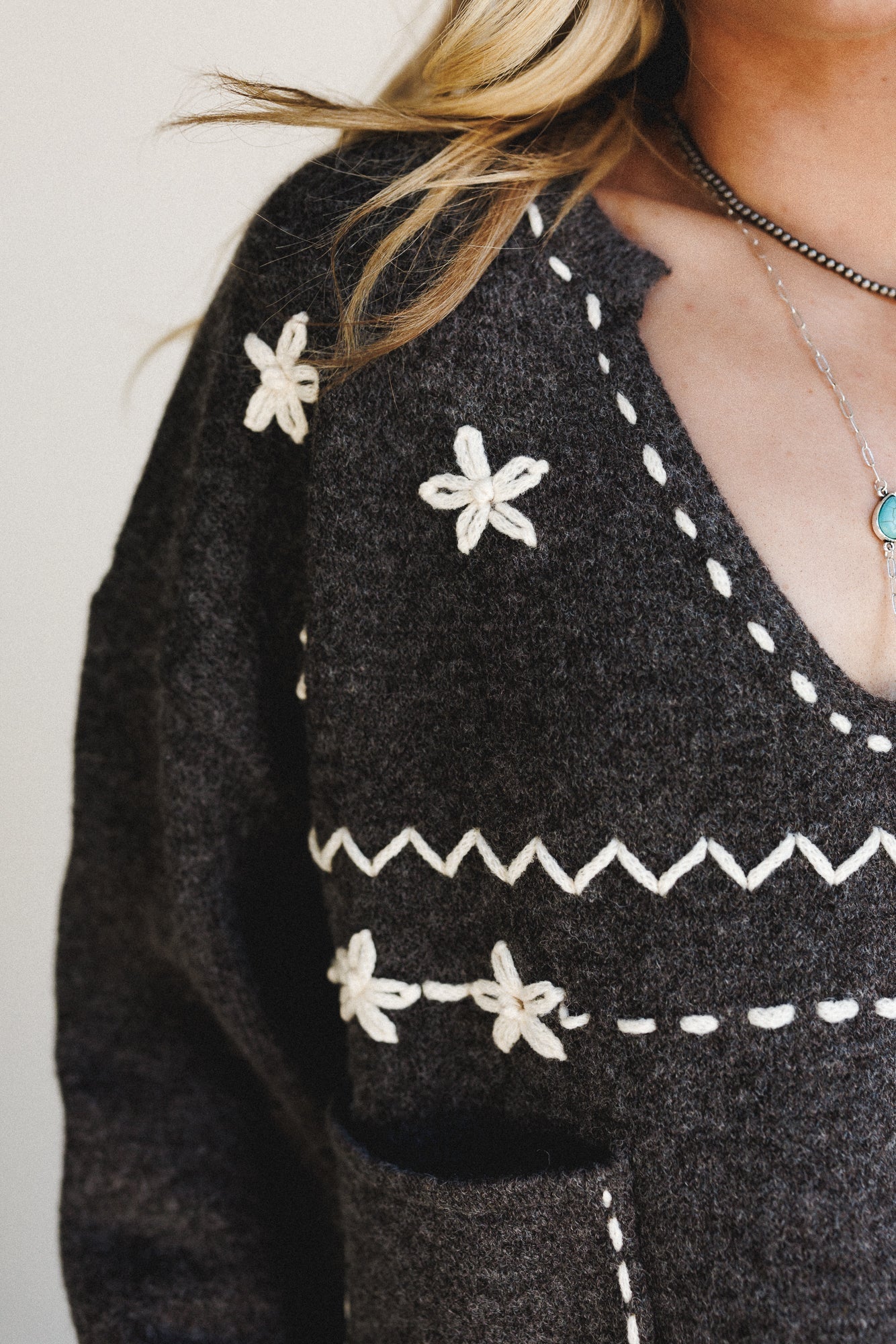 Chai Embroidered Knit Sweater - Charcoal