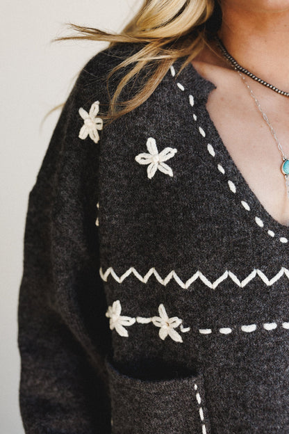 Chai Embroidered Knit Sweater - Charcoal