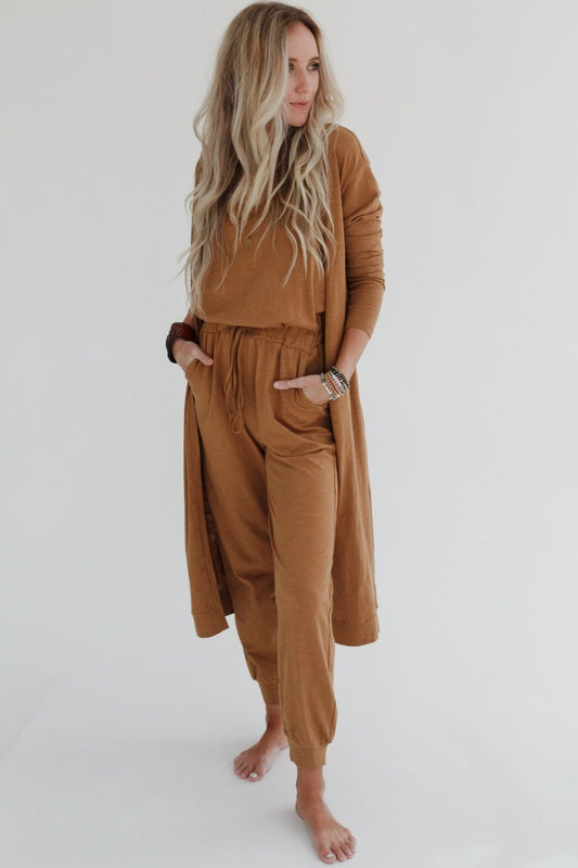 Set to Go Textured Jumpsuit And Cardigan Set - Camel