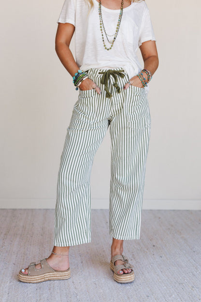 Elevated Eyelet Barrel Jeans - Olive Stripe
