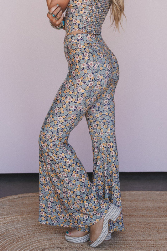 The Nest Dream in Flowers Flare Pants - Navy Seafoam