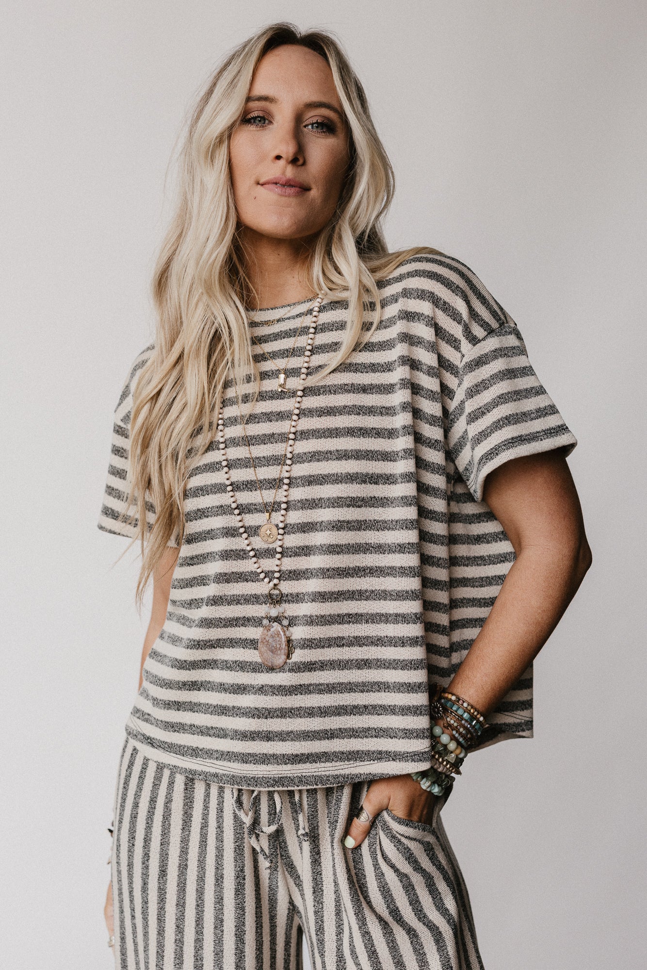 The Nest Ibiza Breeze Striped Top - Taupe Black