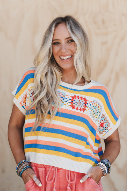 Neon Sundown Striped Crochet Top - Multi