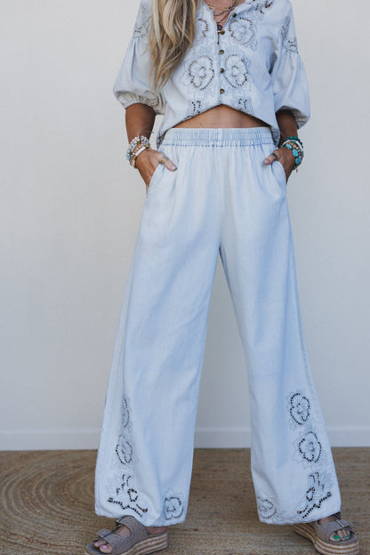 Leticia Embroidered Wide Leg Pants - Denim