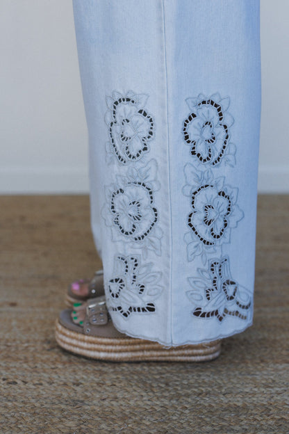 Leticia Embroidered Wide Leg Pants - Denim
