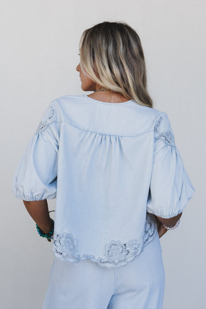 Leticia Embroidered Eyelet Top - Denim