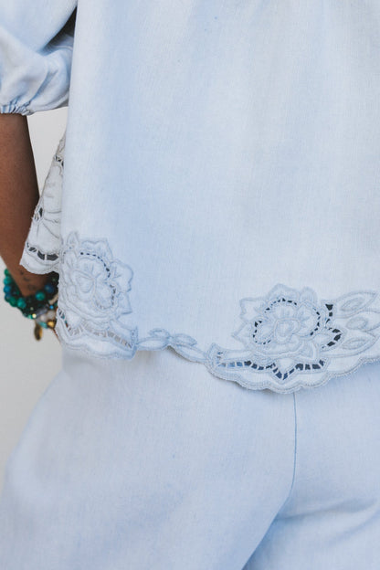 Leticia Embroidered Eyelet Top - Denim
