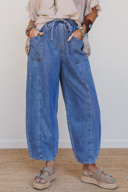 Sudden Spark Drawstring Barrel Jeans - Denim