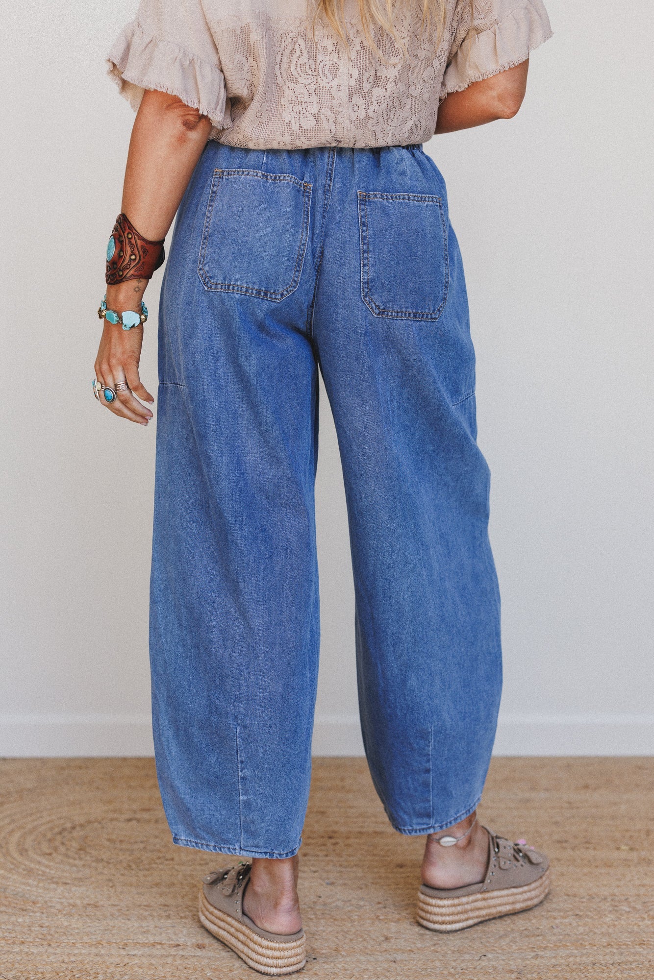 Sudden Spark Drawstring Barrel Jeans - Denim