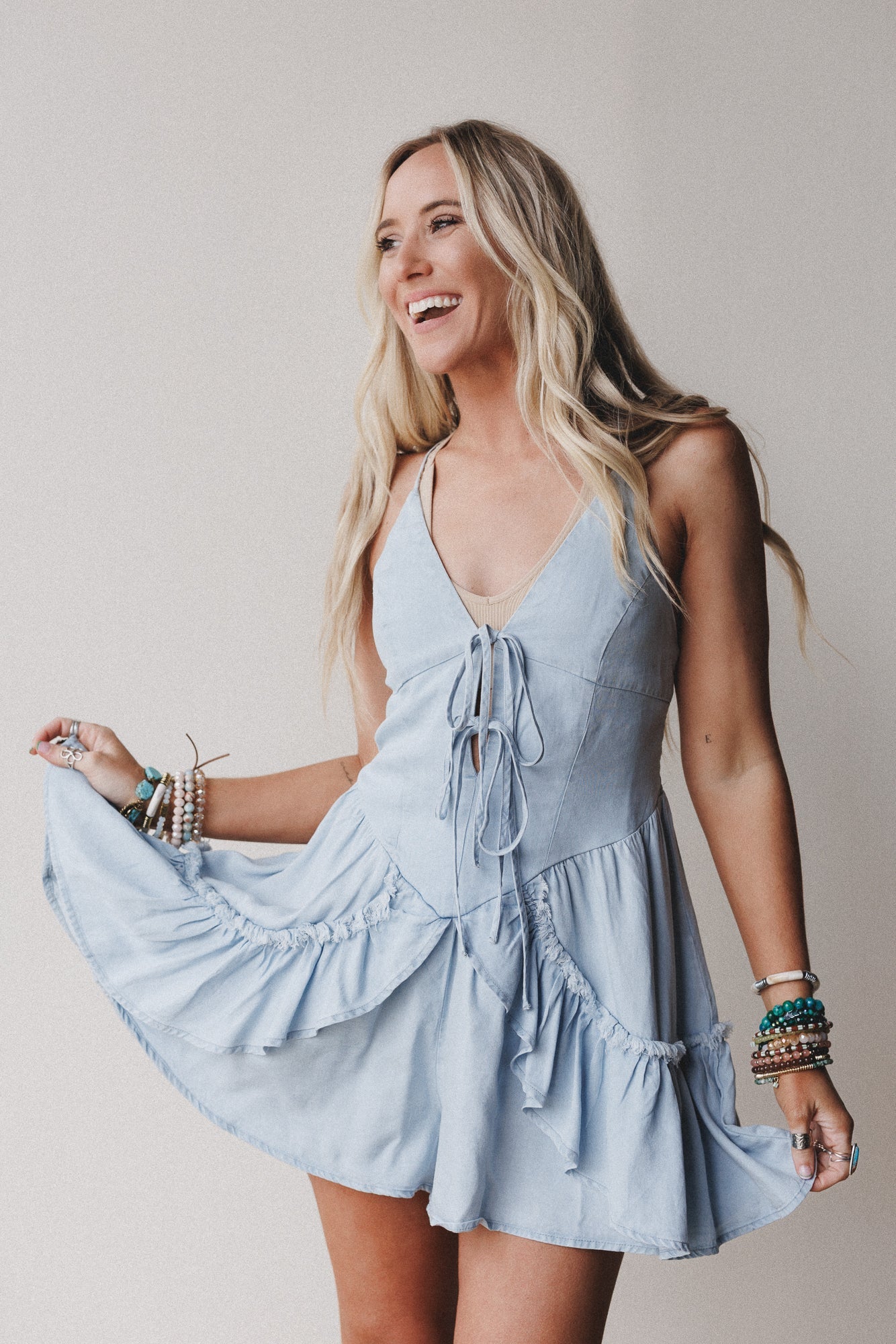 River Drift Denim Ruffle Romper - Blue