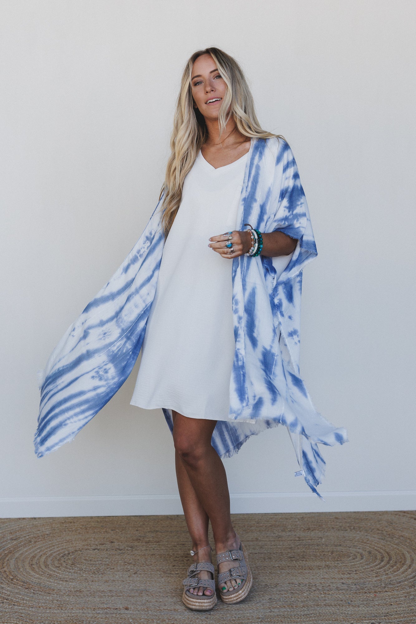 Demi Tie Dye Frayed Hem Kimono - Blue