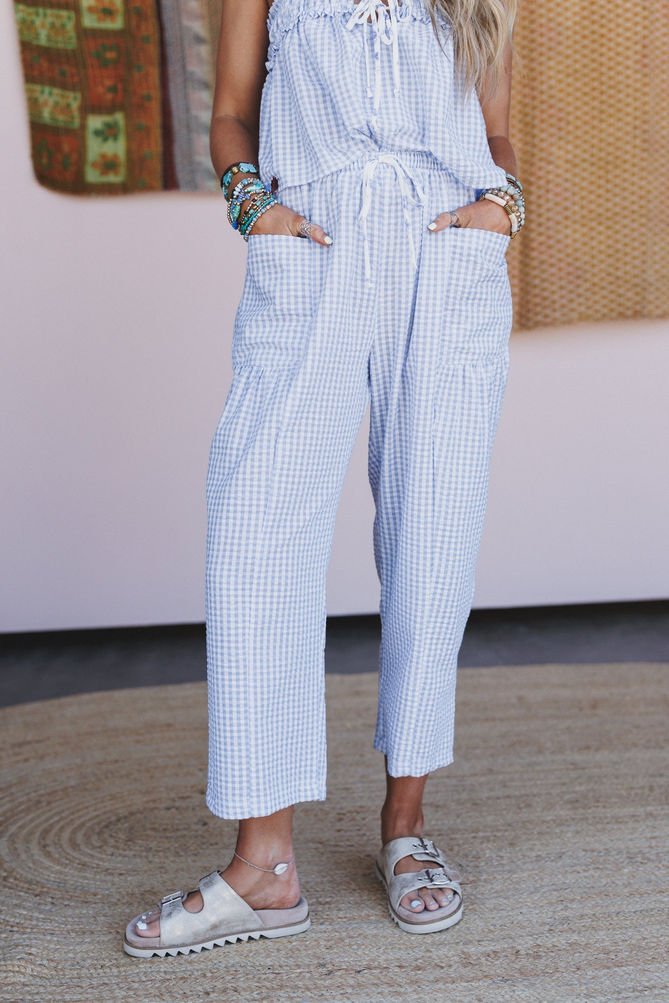 Bayside Gingham Print Pants - Blue