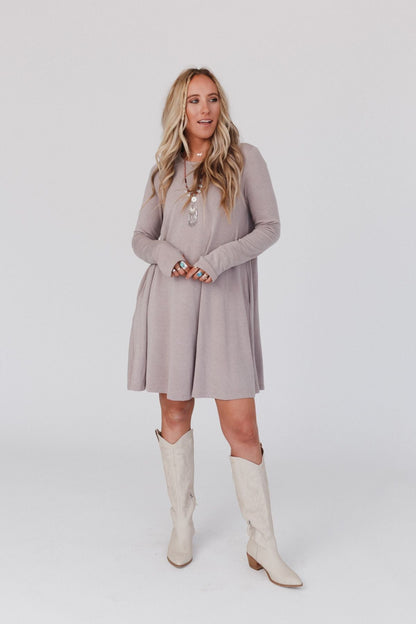 The Nest Jake Long Sleeve Crewneck Dress - Mocha Latte