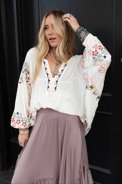 Frida Embroidered Dolman Sleeve Top - Ivory