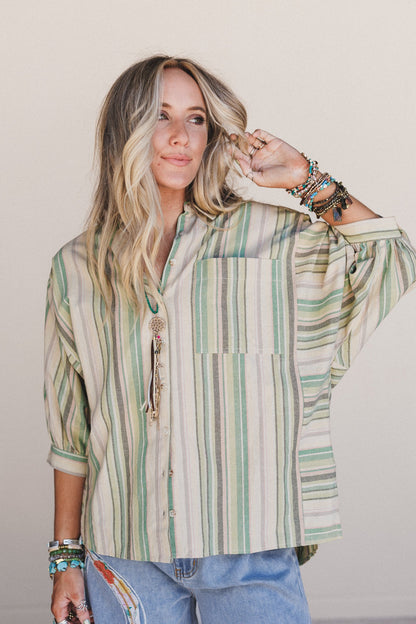Finch Striped Button Down Top - Green Multi