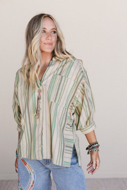 Finch Striped Button Down Top - Green Multi