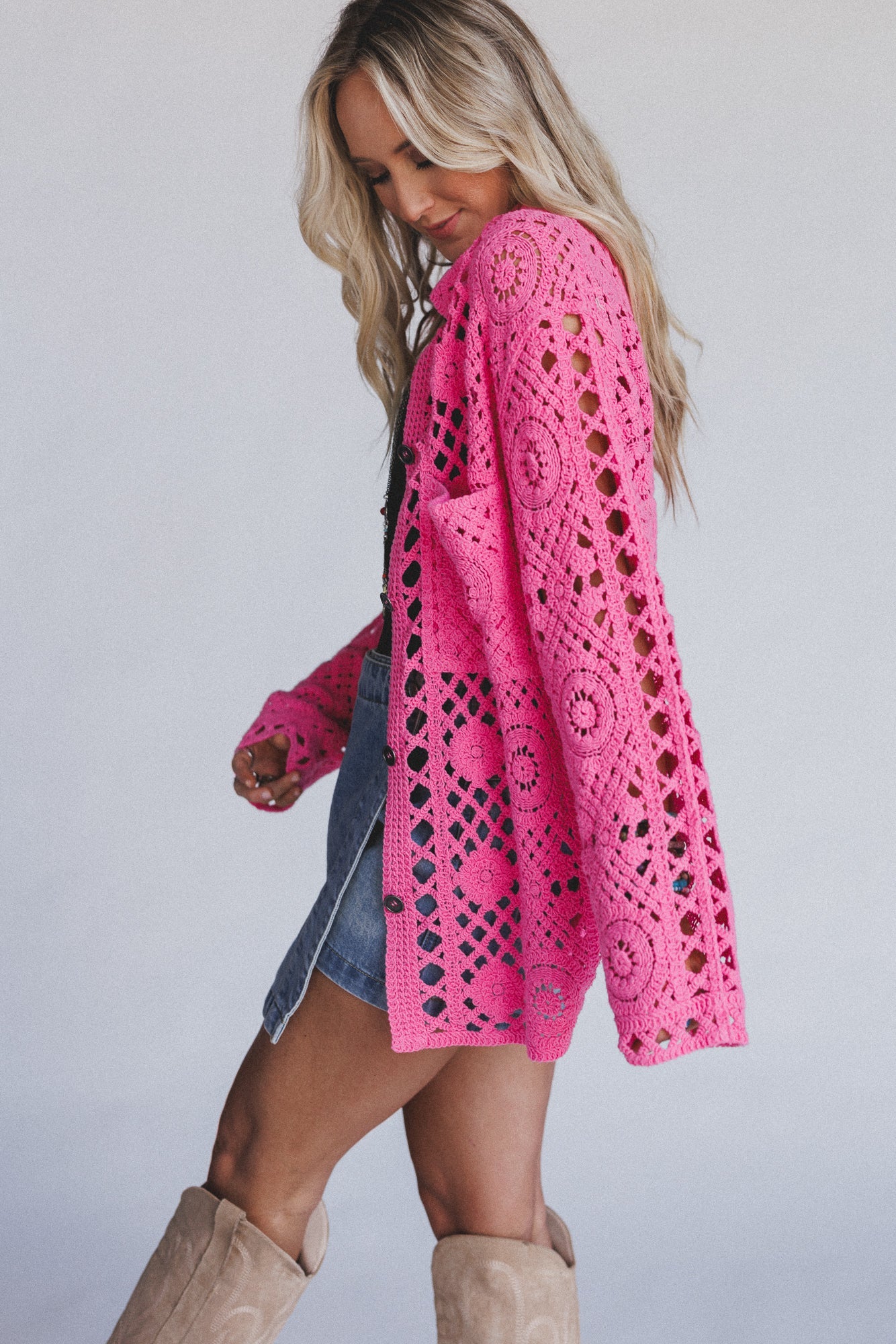 Marisela Crochet Button Down Top - Pink