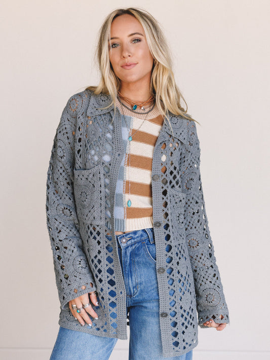 Marisela Crochet Button Down Top - Gray