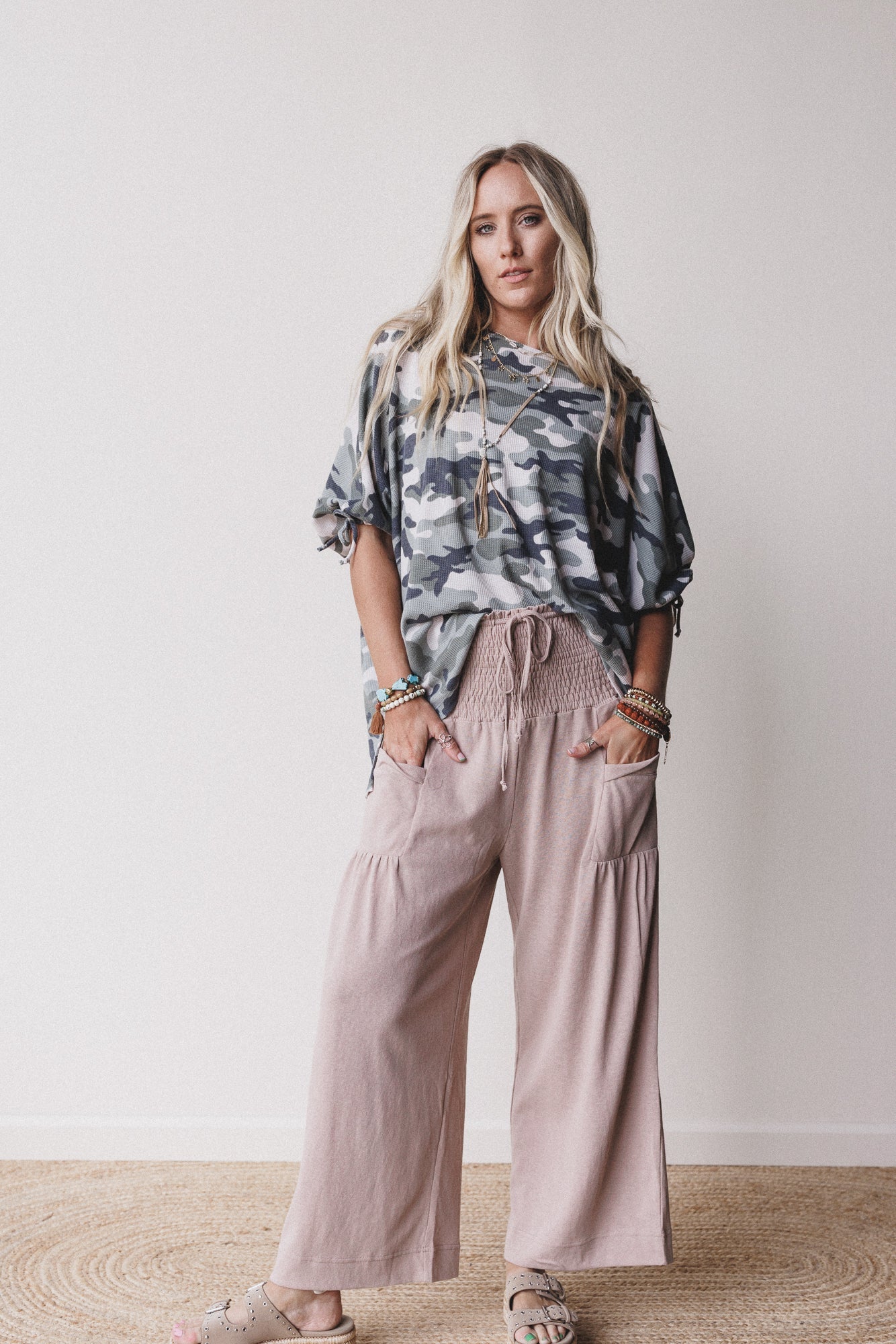 Solana Solid Wide Leg Pants - Natural