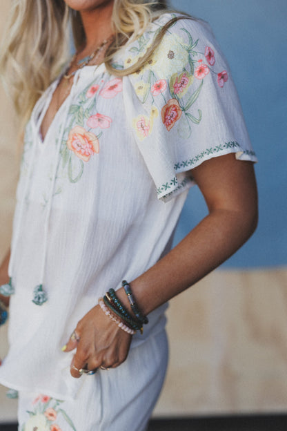 Perrin Floral Embroidered Top - Cream