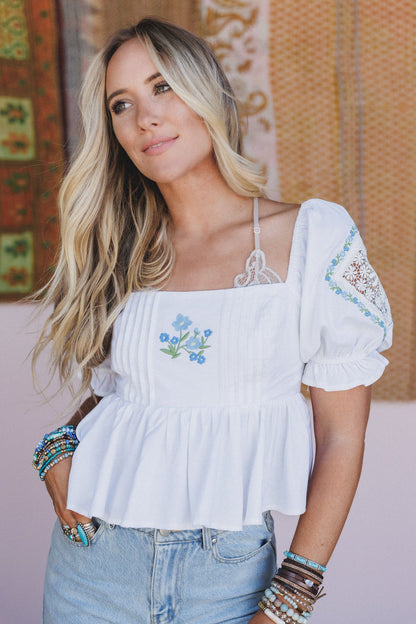 Simple Bliss Embroidered Babydoll Top - White