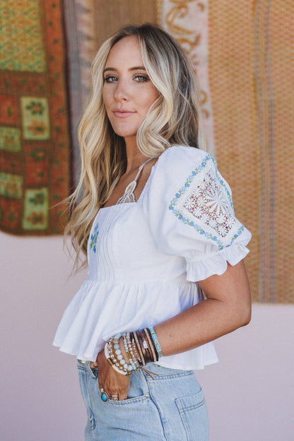 Simple Bliss Embroidered Babydoll Top - White