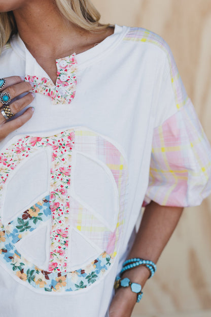 Peace Woven Patchwork Top - Pink