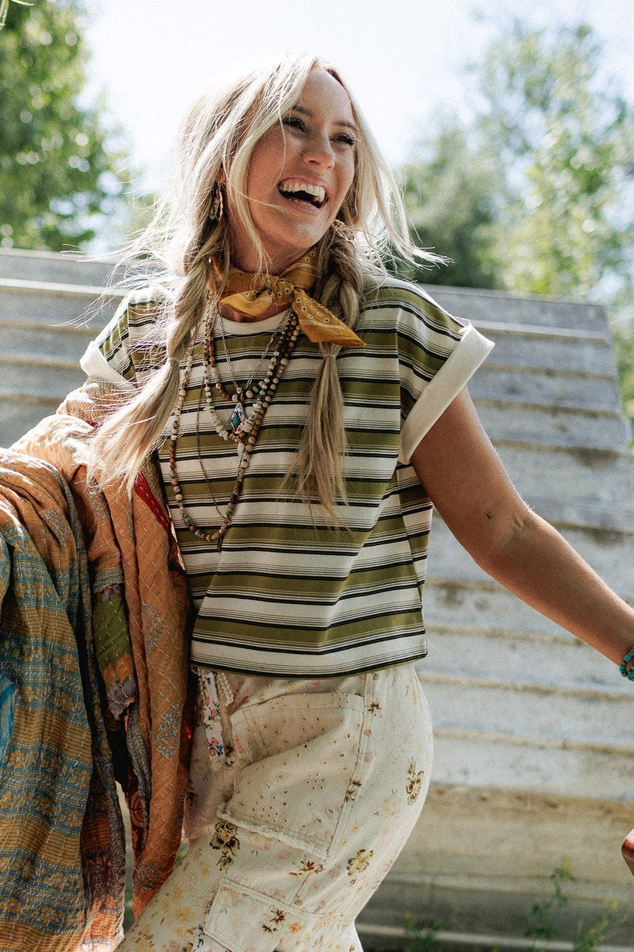 All Day Cool Striped Top - Olive Multi