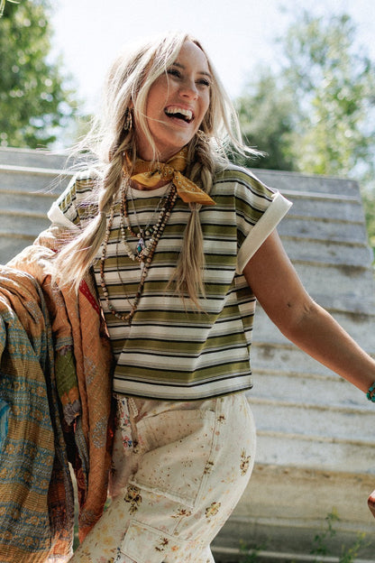 All Day Cool Striped Top - Olive Multi