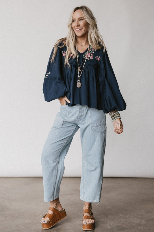 Whimsy Rose Embroidered Top - Navy