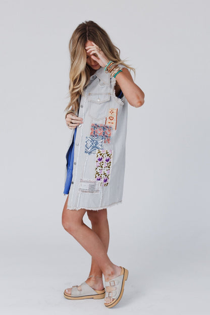 One Of A Kind Sleeveless Denim Dress Vest - Denim Multi