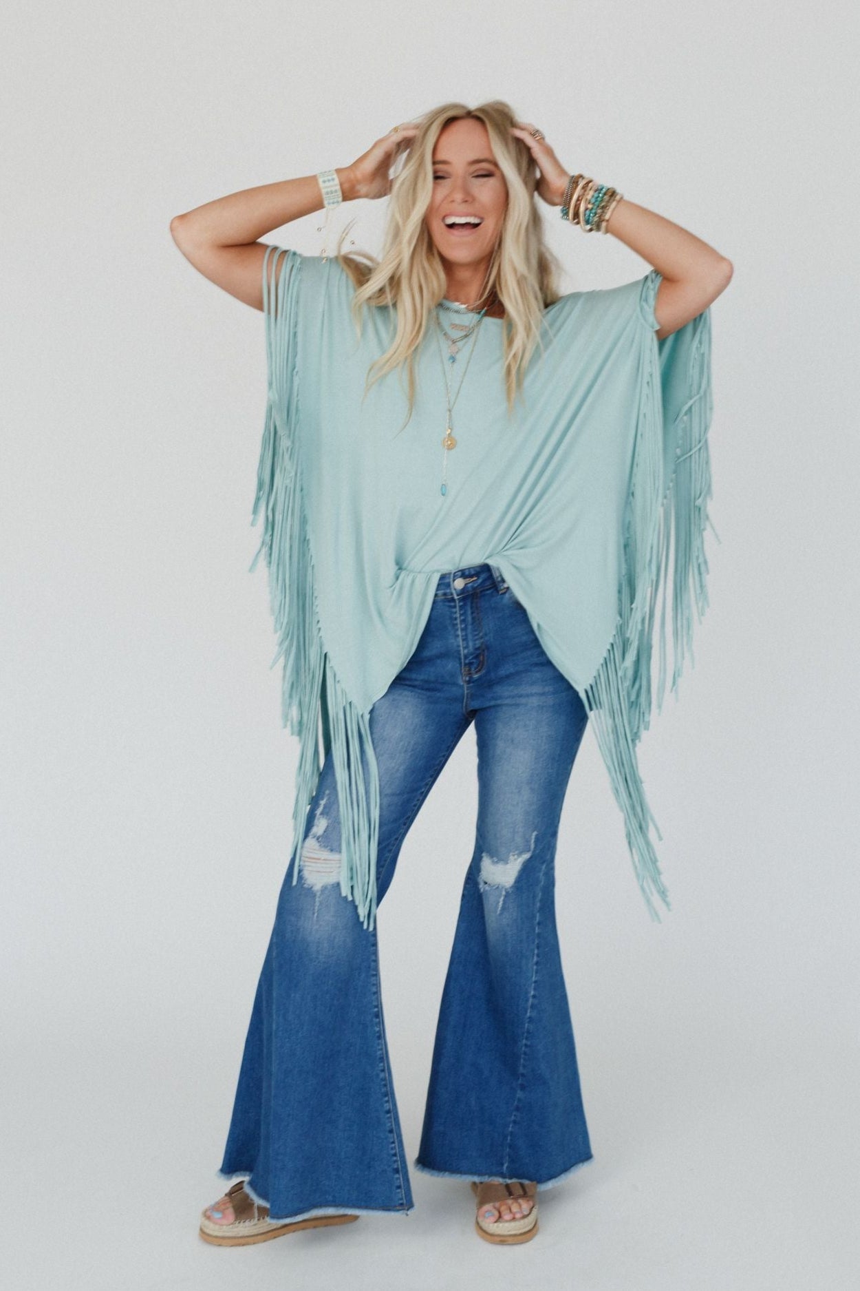 The Nest Showstopper Fringe Top - Washed Seafoam