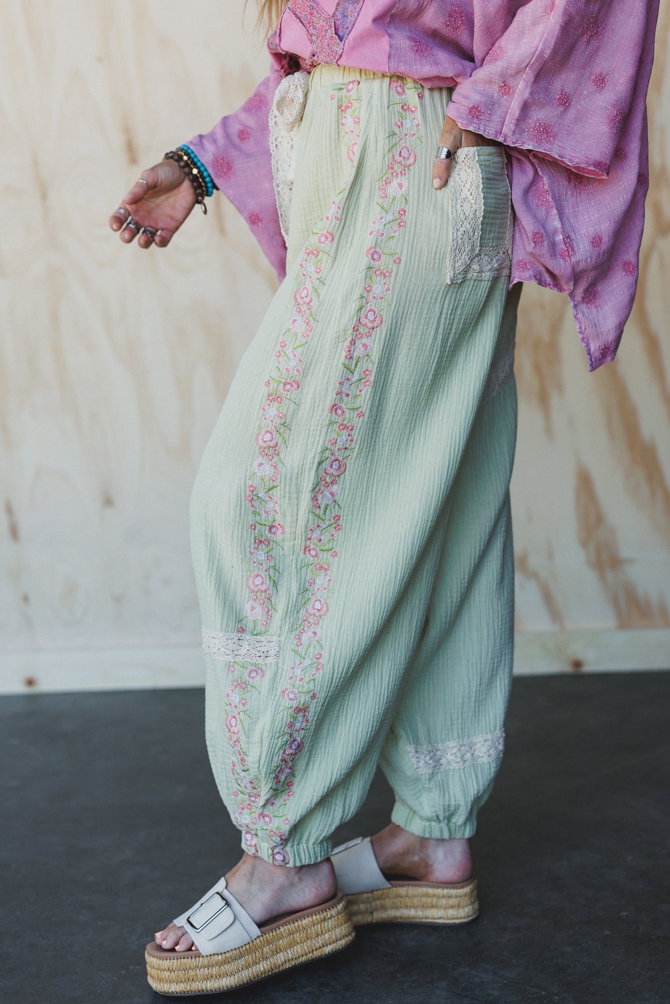 Floral Drift Embroidered Pants - Sage