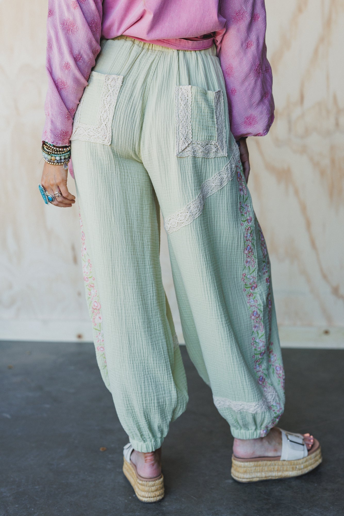 Floral Drift Embroidered Pants - Sage