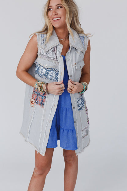 One Of A Kind Sleeveless Denim Dress Vest - Denim Multi
