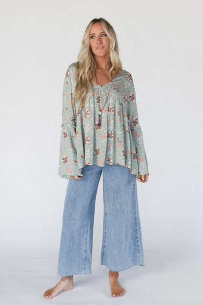 The Nest Brea Mixed Print Top - Sage Floral Print