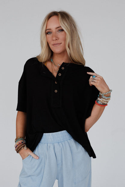 The Nest Soft Plume Henley Top - Black
