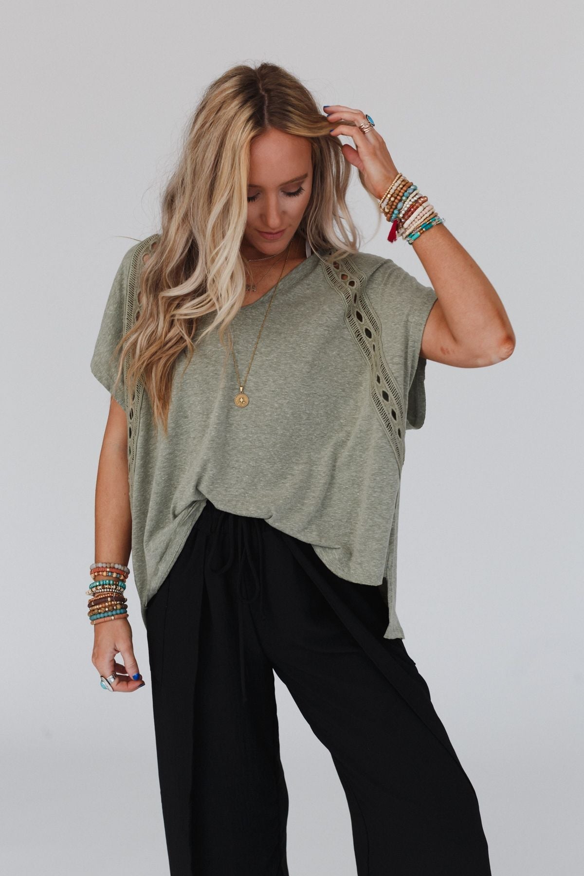 The Nest Camden Lace V Neck Top - Olive