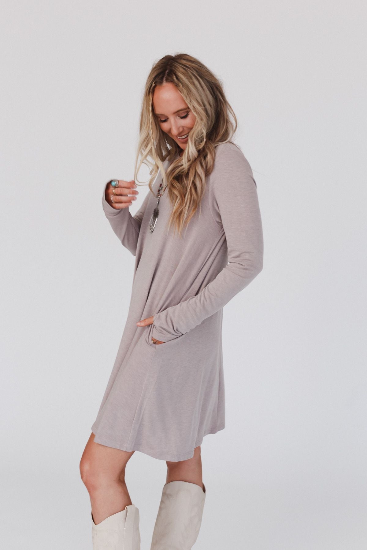 The Nest Jake Long Sleeve Crewneck Dress - Mocha Latte