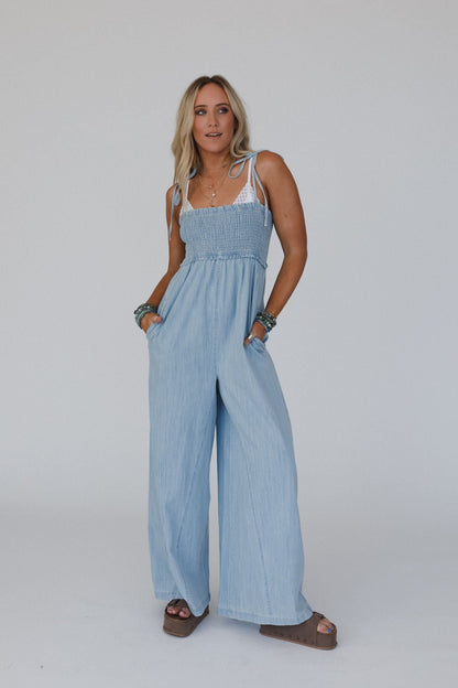 The Nest Last Call Smocked Jumpsuit - Light Wash