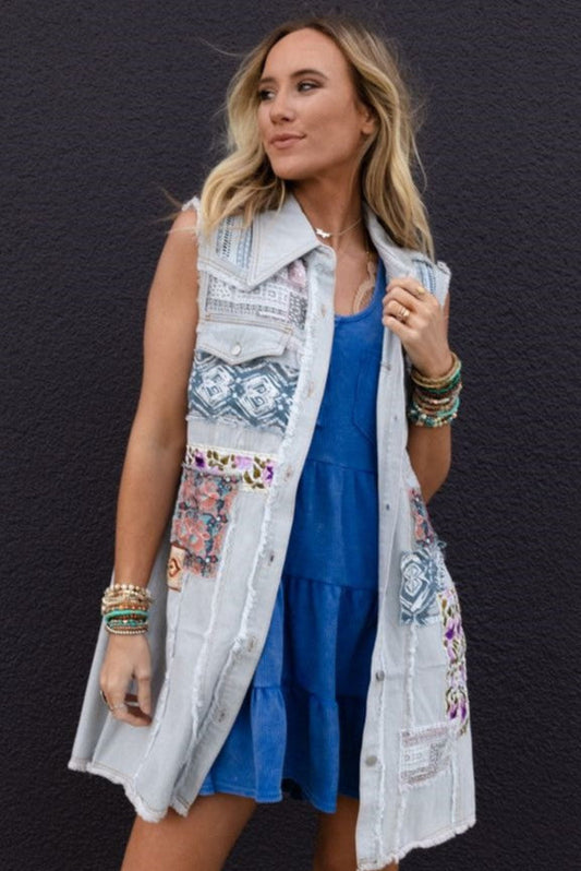 One Of A Kind Sleeveless Denim Dress Vest - Denim Multi